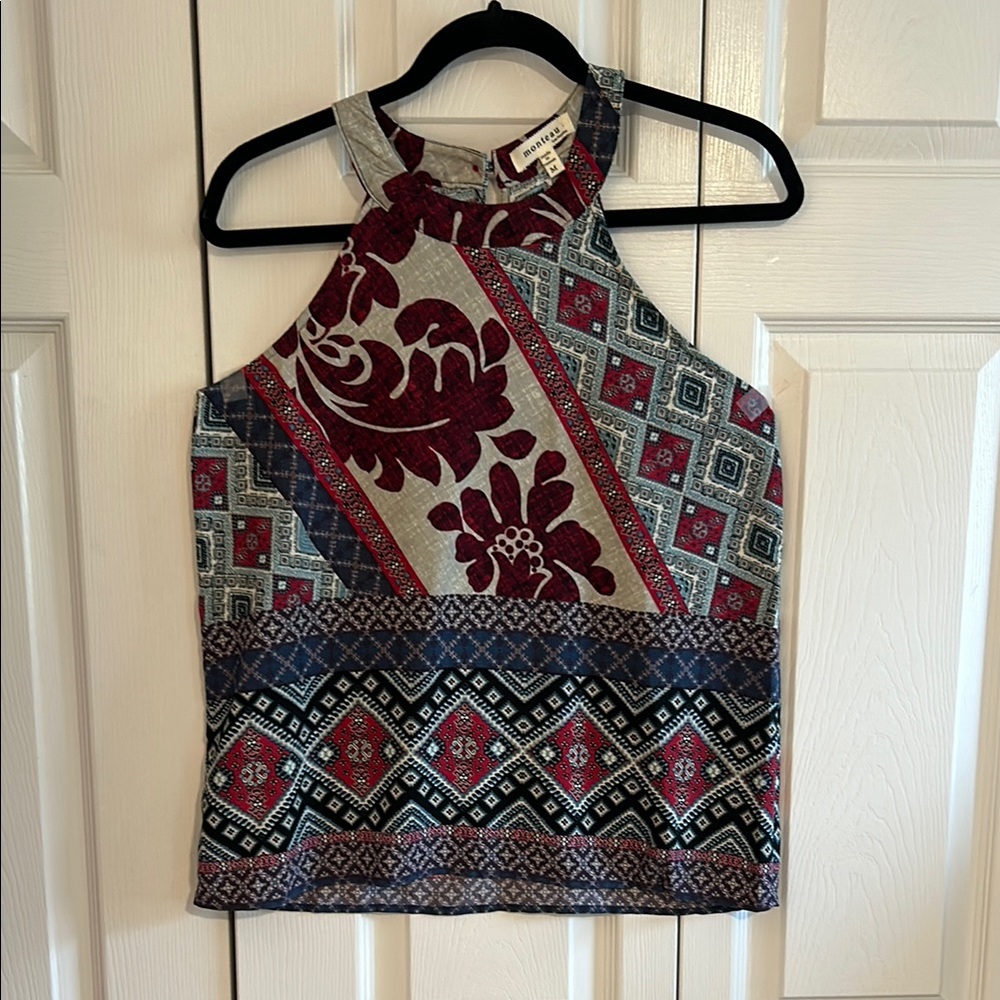 Monteau Blue and Red Graphic Crop Tank Top